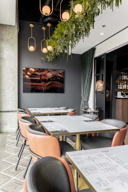 a room with a table and chairs