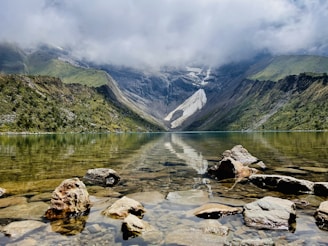 a lake with mountains in the background