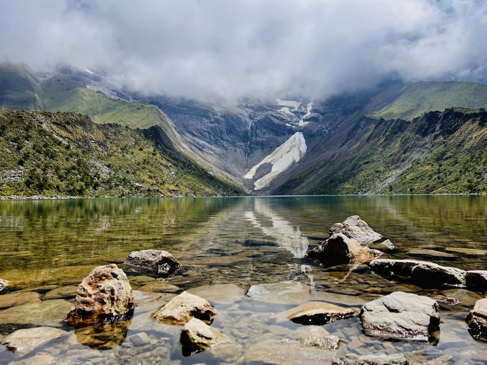 a lake with mountains in the background