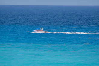 A bright WorldCat 325DC boat cutting through crystal-clear light blue water under a sunny sky