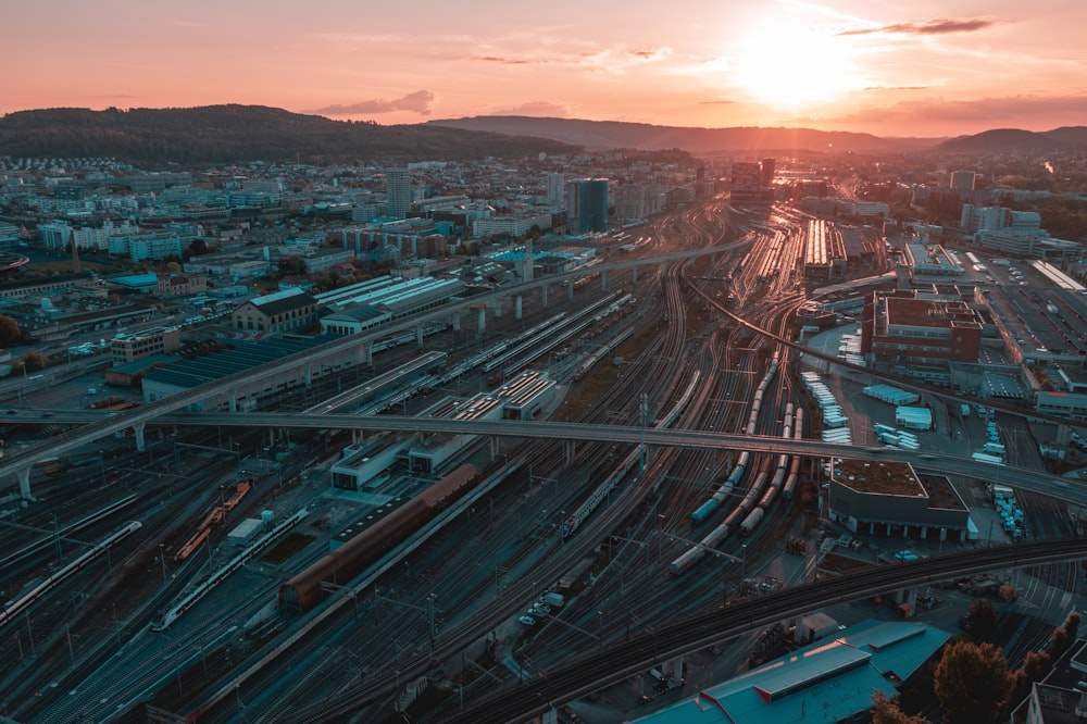 a city with a sunset