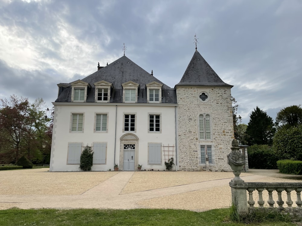 a white building with a tower