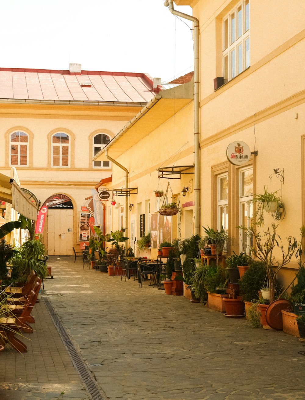 a brick walkway between buildings