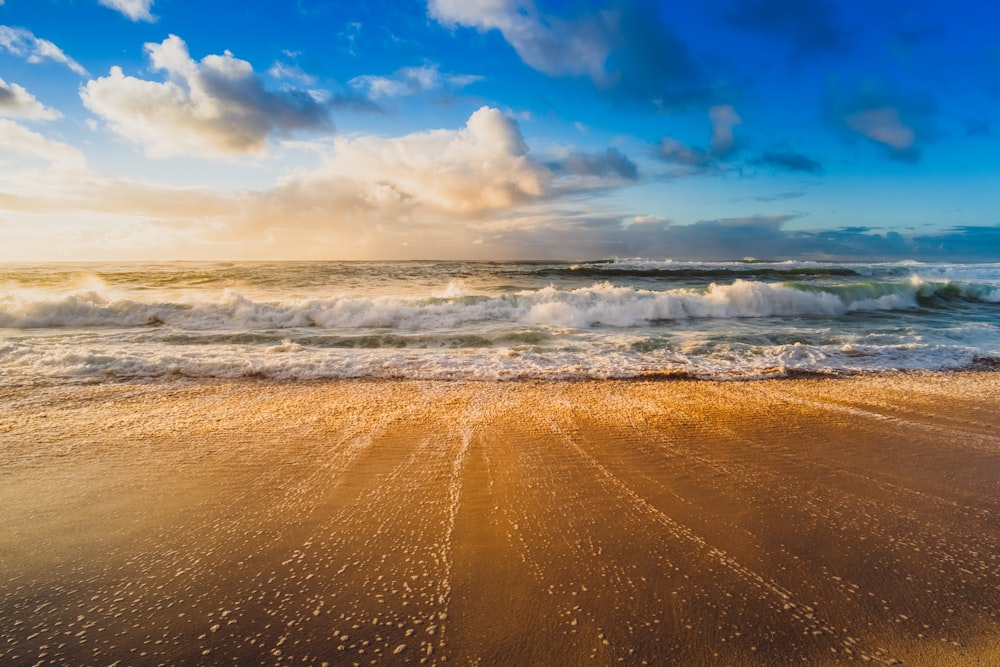 a sandy beach with waves crashing on it