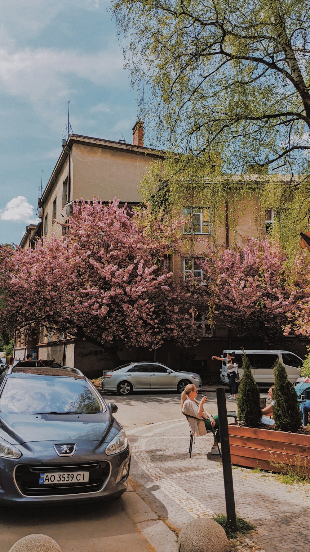 a person sitting on a bench in front of a building with pink flowers