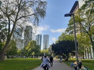 people walking on a path in a park with trees and buildings in the background