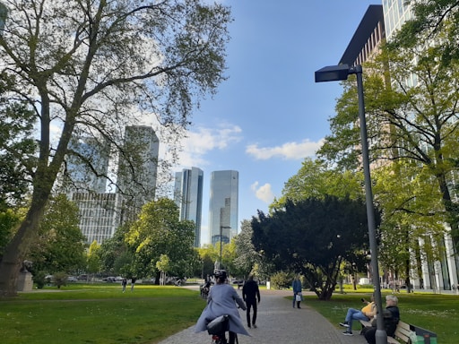 people walking on a path in a park with trees and buildings in the background