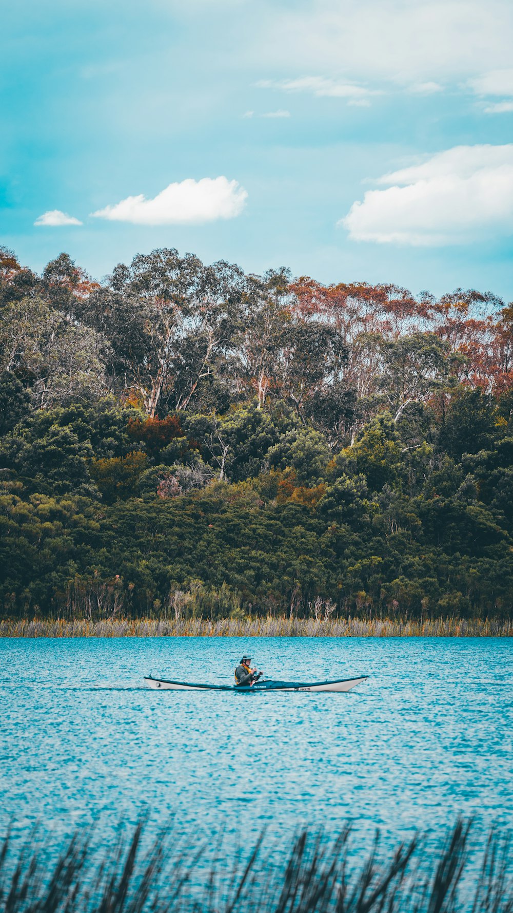 a person rowing a boat on a lake