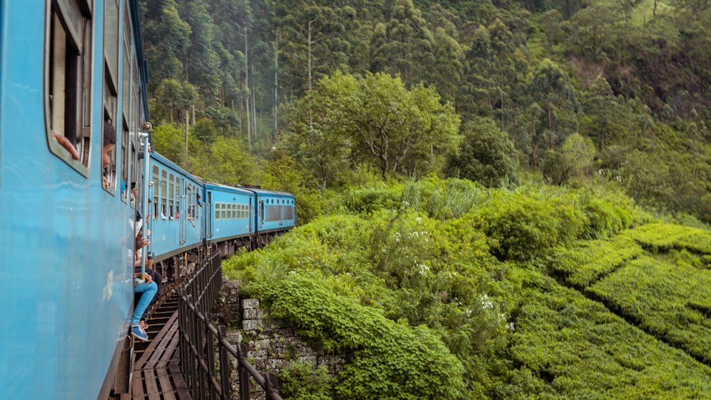 a train travels down the tracks