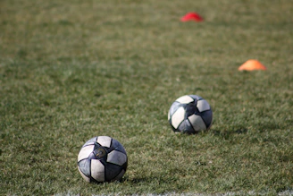a couple of football balls on the grass