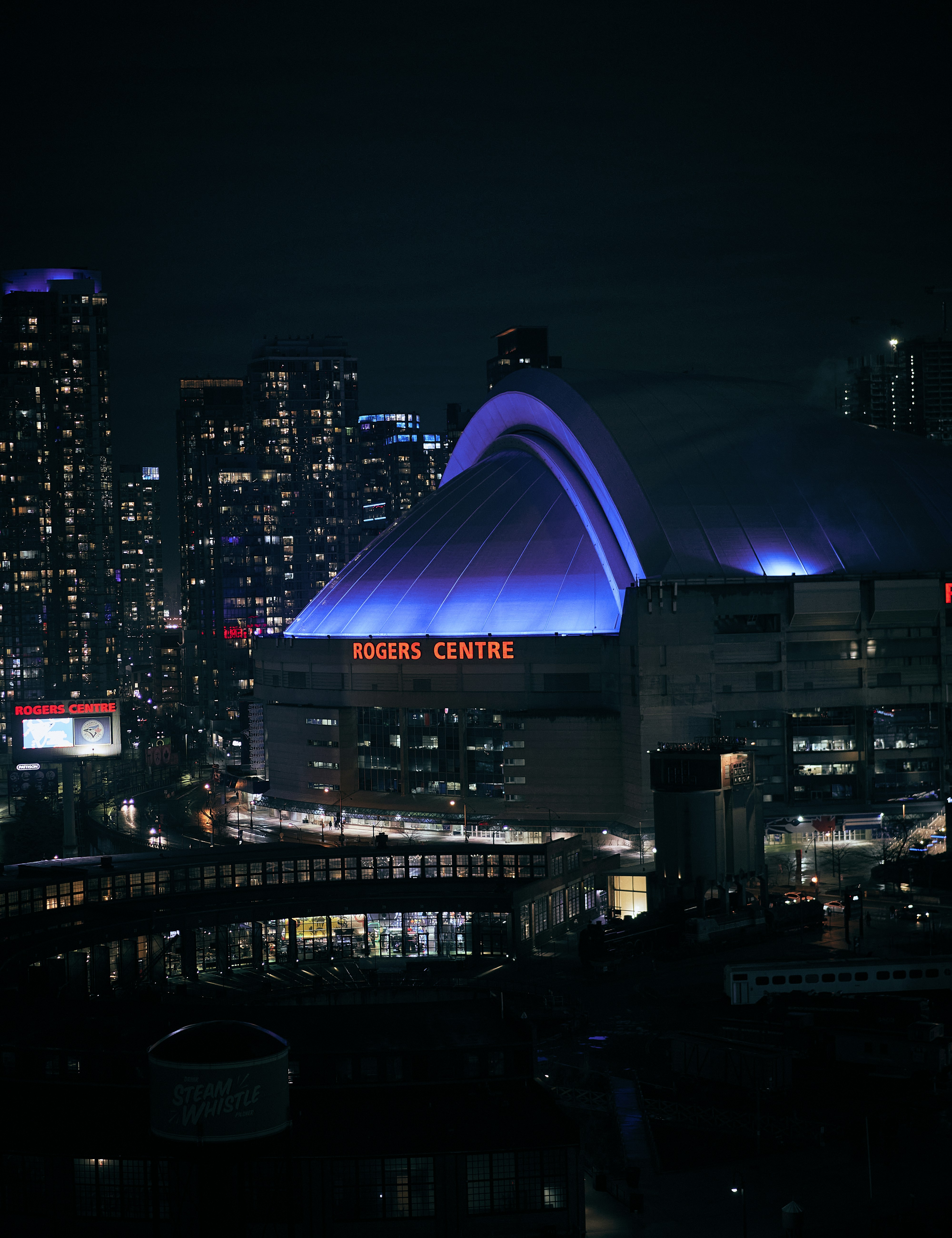 a building with a purple light