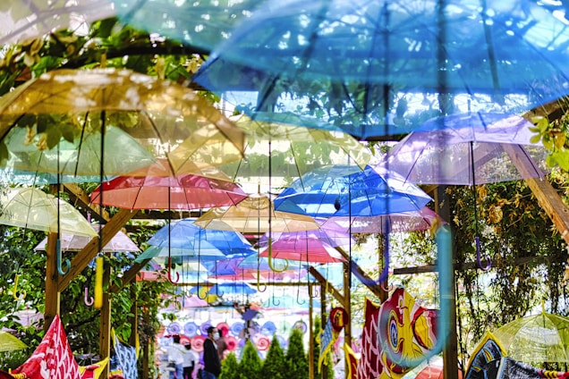 A vibrant display of colorful umbrellas open in a sunny garden setting, showcasing various sizes and designs.