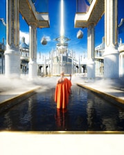 A surreal, futuristic temple-like structure surrounded by columns and arches, with a glowing beam of light shooting upwards. The foreground features a person in a red robe standing in shallow water. The architecture is majestic, with intricate designs and floating elements, creating a mystical and grand atmosphere.