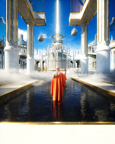 A surreal, futuristic temple-like structure surrounded by columns and arches, with a glowing beam of light shooting upwards. The foreground features a person in a red robe standing in shallow water. The architecture is majestic, with intricate designs and floating elements, creating a mystical and grand atmosphere.