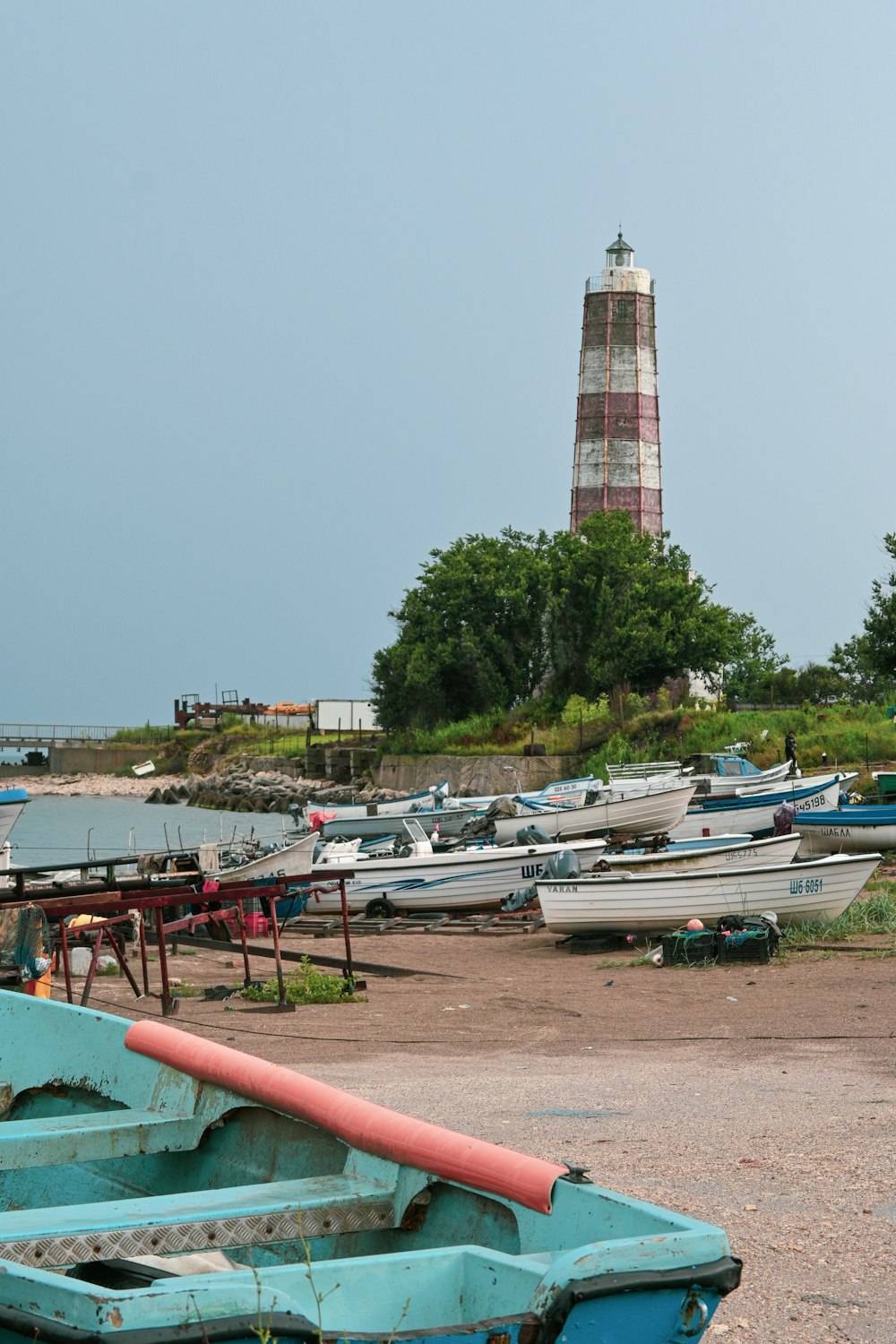 boats parked on the shore