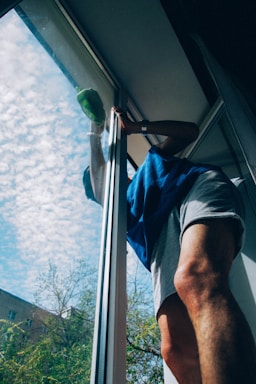 A person wearing a blue shirt and light-colored shorts is cleaning a large window. The sky outside is blue with scattered clouds and there are trees and parts of a building visible.