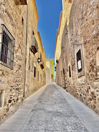 a narrow street between two stone buildings