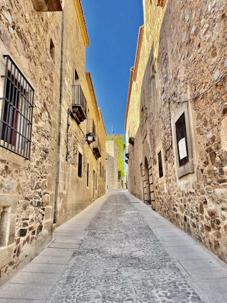 a narrow street between two stone buildings