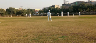 A lively cricket match in a Brent park with players and families cheering on under sunny skies.