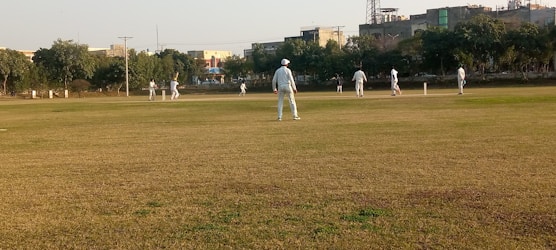 Several people are playing a cricket match on a large grassy field. The players are dressed in light-colored sports uniforms, and some of them are wearing caps. Trees and buildings can be seen in the background, indicating an urban park setting. The sky is clear, suggesting a sunny day.