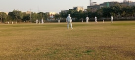 Several people are playing a cricket match on a large grassy field. The players are dressed in light-colored sports uniforms, and some of them are wearing caps. Trees and buildings can be seen in the background, indicating an urban park setting. The sky is clear, suggesting a sunny day.