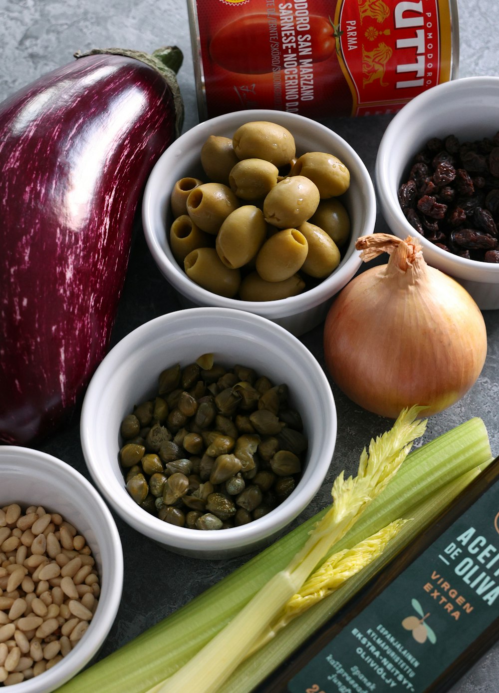 a group of bowls with food in it