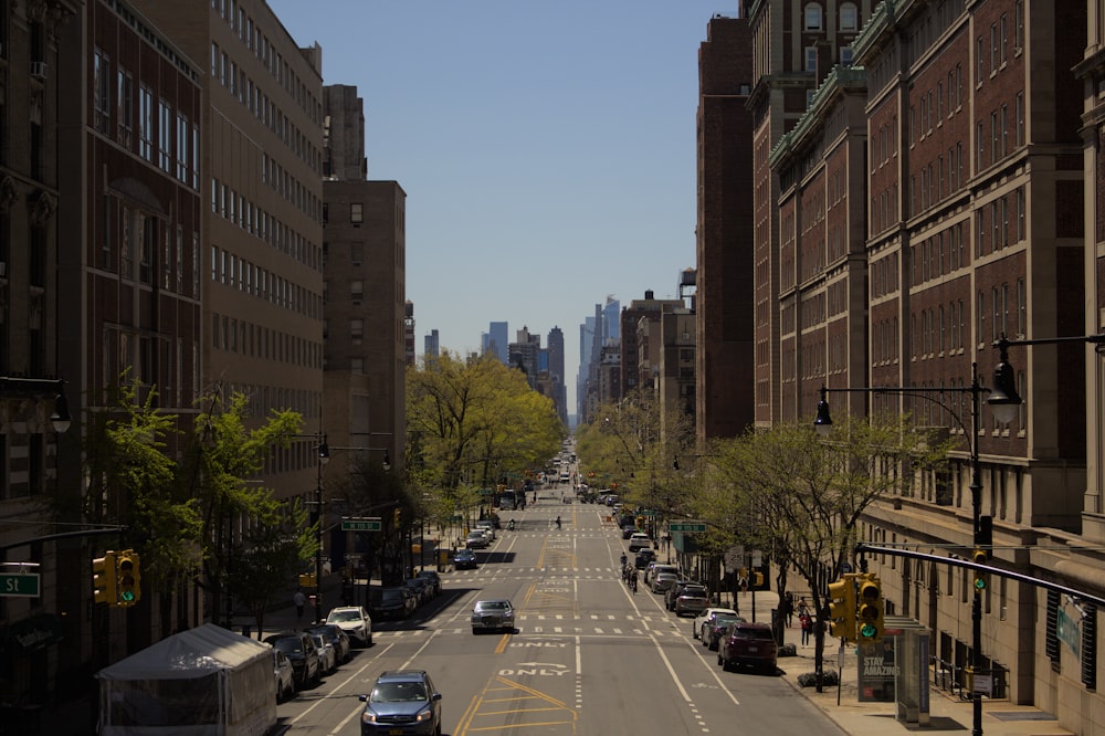 a close up of a busy city street