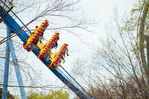 A vibrant photo of a roller coaster at PortAventura with colorful autumn leaves around.