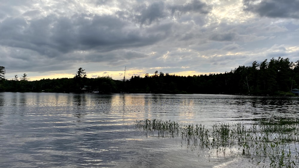 a lake with trees and clouds