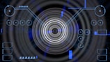 A futuristic digital display featuring geometric shapes, concentric circles, and circuit-like patterns. Various lines and circular elements are spread across a dark background, giving a high-tech appearance.