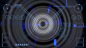 A futuristic digital display featuring geometric shapes, concentric circles, and circuit-like patterns. Various lines and circular elements are spread across a dark background, giving a high-tech appearance.