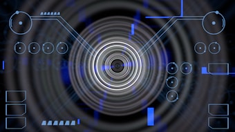 A futuristic digital display featuring geometric shapes, concentric circles, and circuit-like patterns. Various lines and circular elements are spread across a dark background, giving a high-tech appearance.