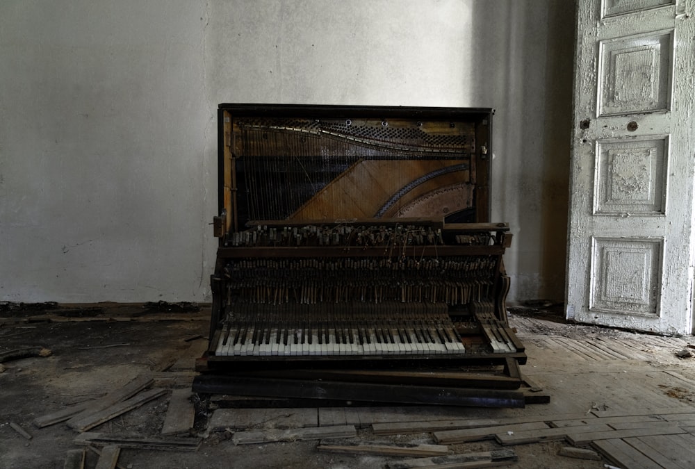 a wooden crate in a room