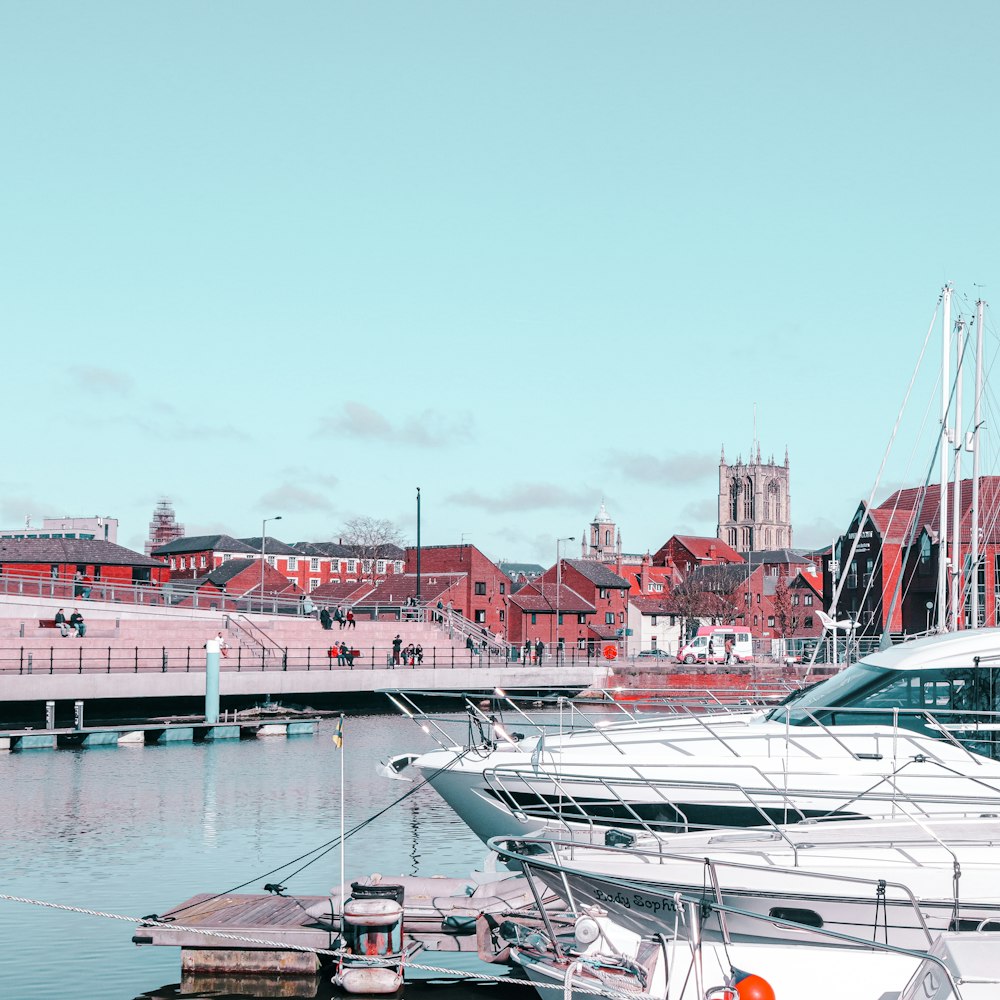 a group of boats in a harbor