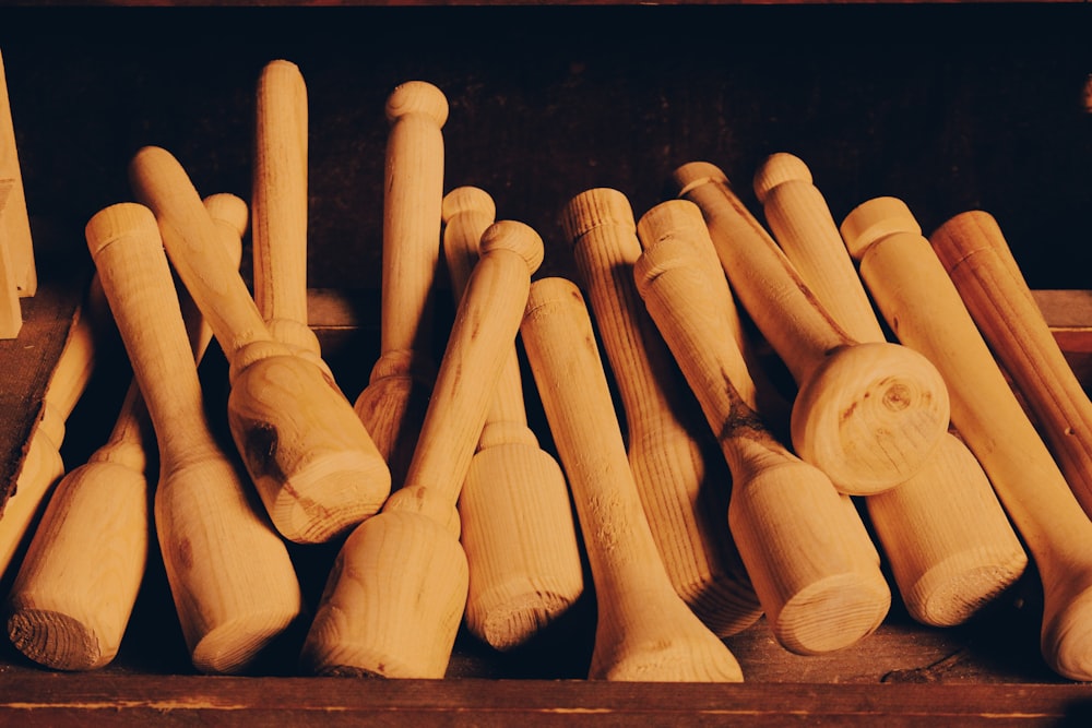 a group of wooden bats