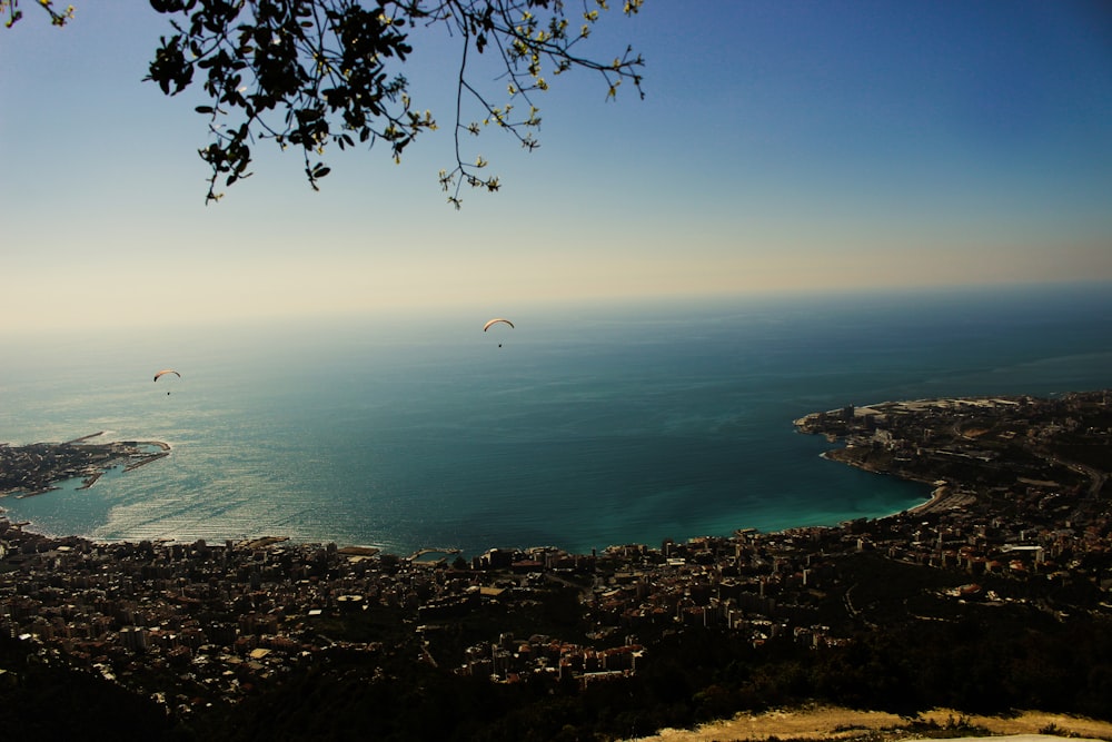 a view of the ocean and a city from a hill