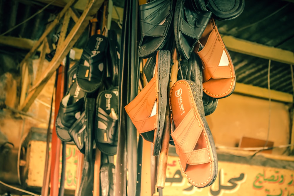 a group of shoes on a shelf