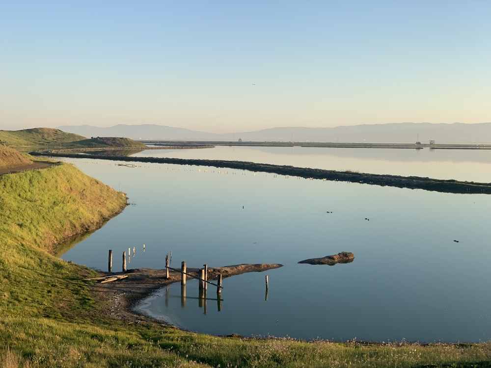 a body of water with land around it