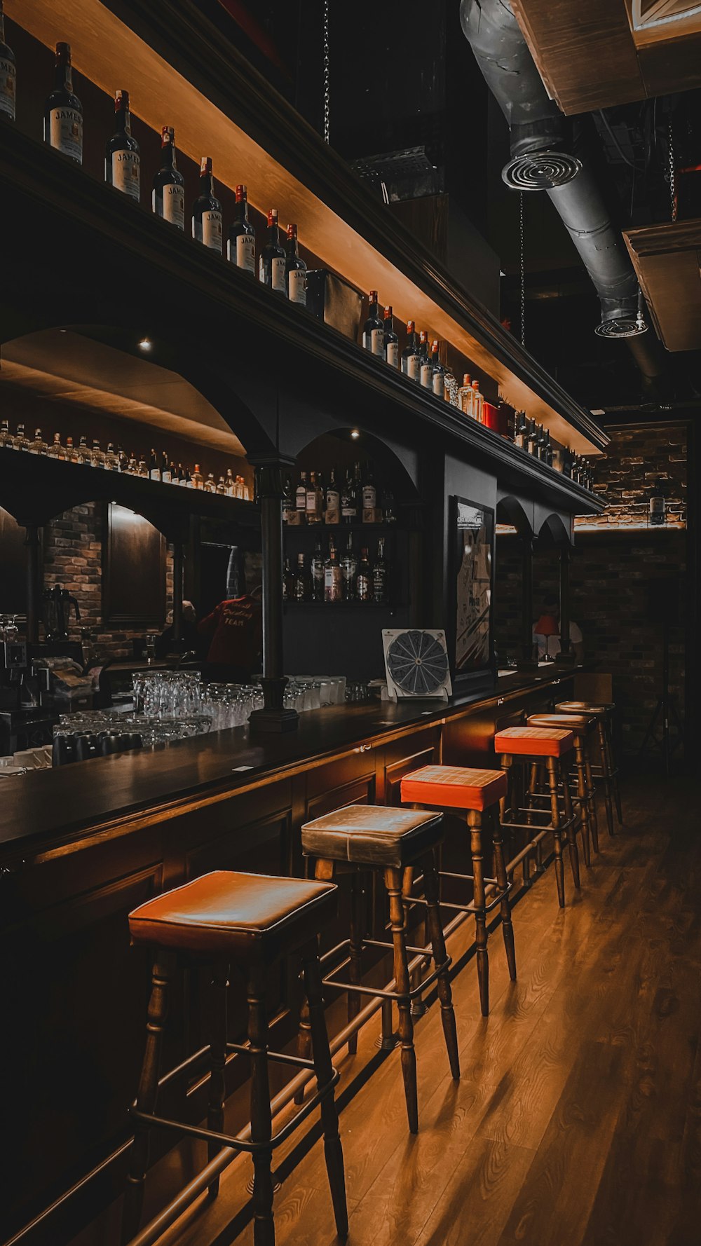 a bar with stools and shelves