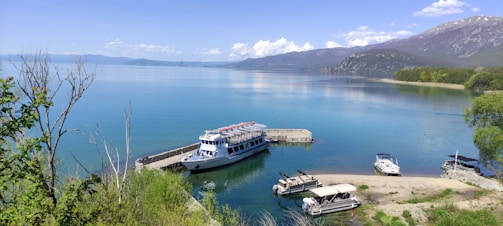 A serene summer lake scene with a small boat docked, wildflowers blooming nearby under a bright blue sky.