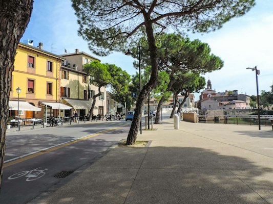 A street with trees and buildings on the side — Rimini, Italy