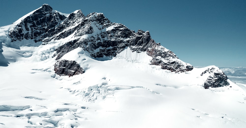 a snowy mountain with a blue sky