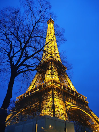 A twilight view of the Eiffel Tower glowing against a deep blue Parisian sky.