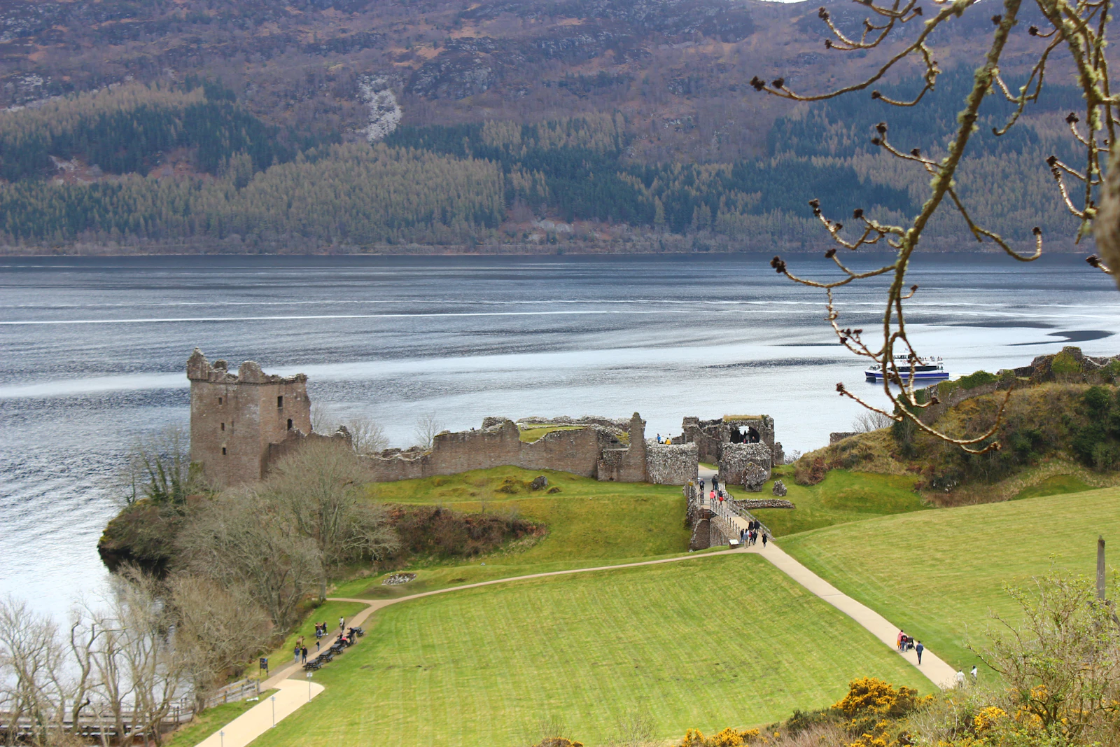 Urquhart Castle on the western shore of Loch Ness in the Scottish Highlands.