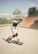 A person wearing a helmet and protective knee pads is actively skateboarding at a skate park. The skateboard is in mid-air as the person prepares to perform a trick. The scene is set in a concrete skate area with a wooden ramp and a fenced backdrop. The sunny day and clear sky highlight the vibrant outdoor atmosphere.