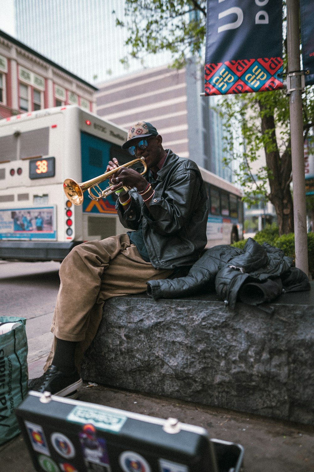 a man sitting on a statue