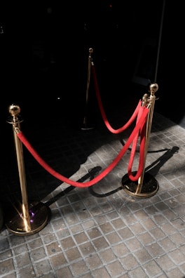 Red velvet ropes are suspended between gold stanchions, placed on a tiled surface. The setting suggests an entrance area, likely to an event or exclusive venue.