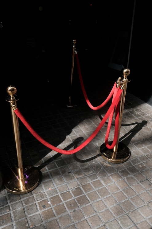 A close-up of a velvet rope barrier with a polished brass post, inviting visitors to step into a luxurious, secretive space.