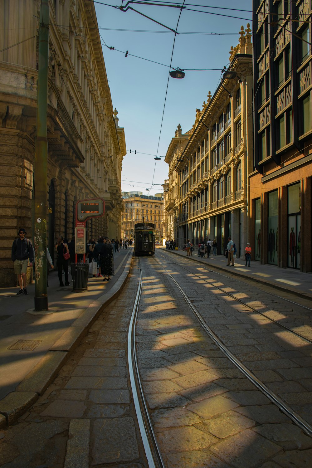 a train on the tracks in a city