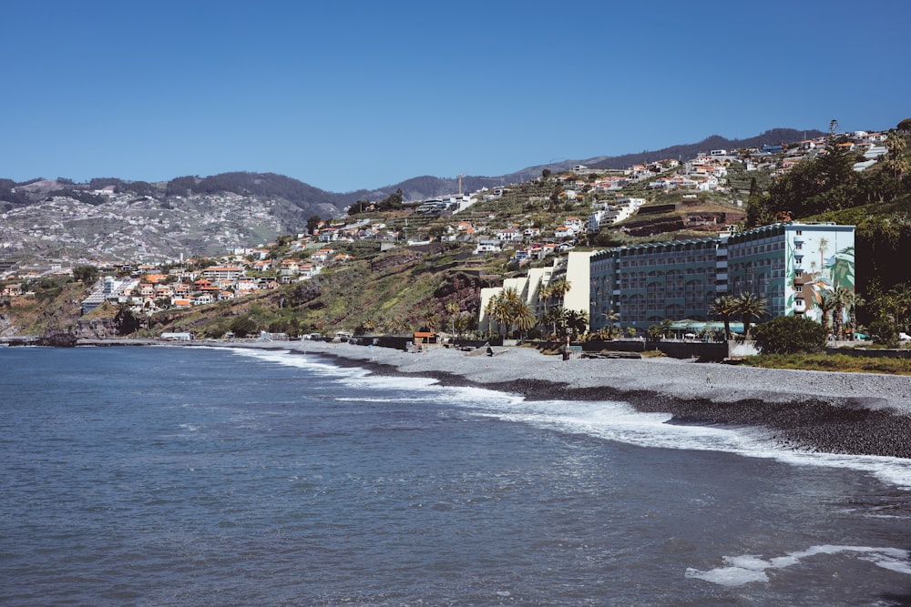 a beach with buildings and trees by it